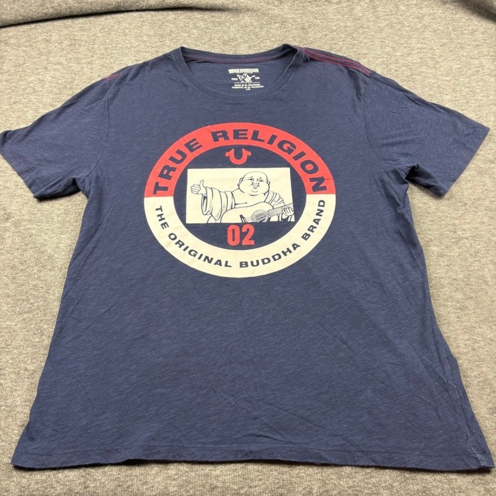 True Religion T-Shirt Navy Sz. Lg. Buddha Graphic Logo Y2K Streetwear Urban Bold